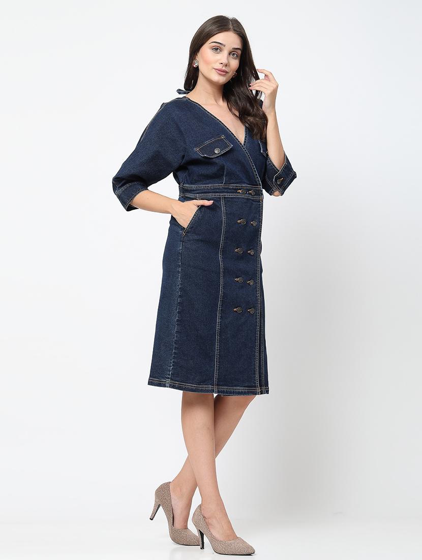 women navy blue denim a-line dress - 21630124 - Zoom Image - 2