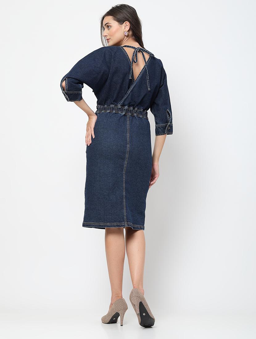 women navy blue denim a-line dress - 21630124 - Zoom Image - 3