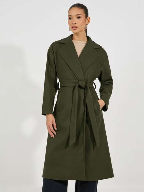 women olive solid full sleeve overcoat - 21632026 - Very Small Image - 1