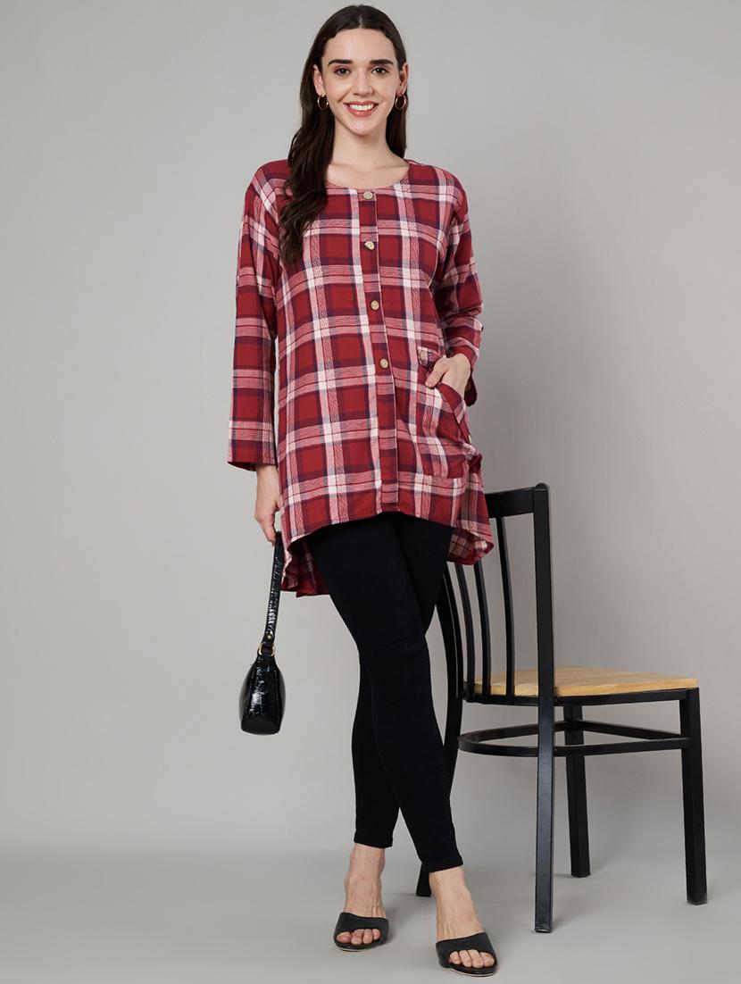 women maroon checks long sleeve shirt top - 21632802 - Zoom Image - 3
