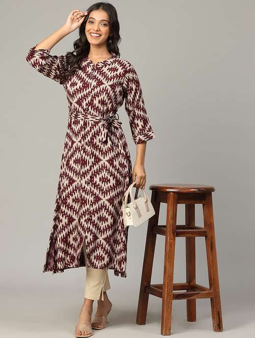 women geometric printed three quarter sleeve a-line kurta - 21636593 - Very Small Image - 1