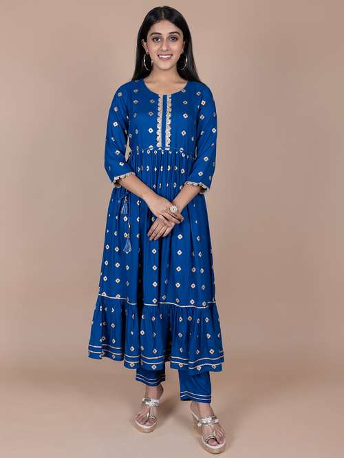 women blue foil printed kurta pant set - 21638547 - Very Small Image - 1