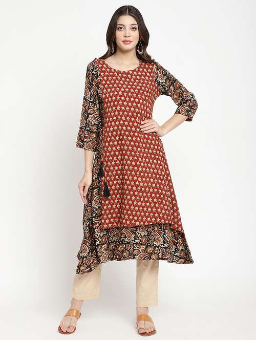 women printed three quarter sleeve layered kurta - 21642029 - Very Small Image - 1
