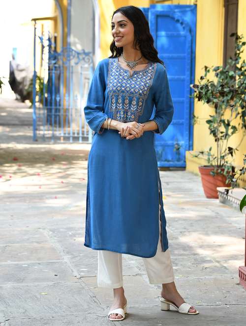 women embroidered three quarter sleeve straight kurta - 21642069 - Very Small Image - 1