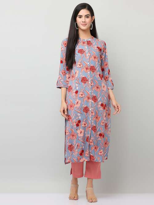 women floral three quarter sleeve straight kurta - 21642079 - Very Small Image - 1
