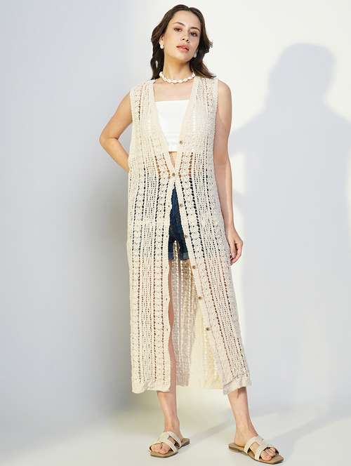 women crochet detailed sleeveless long shrug - 21643327 - Very Small Image - 1