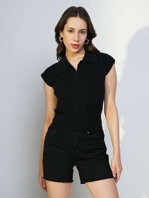 women black solid short sleeves top - 21643448 - Very Small Image - 1