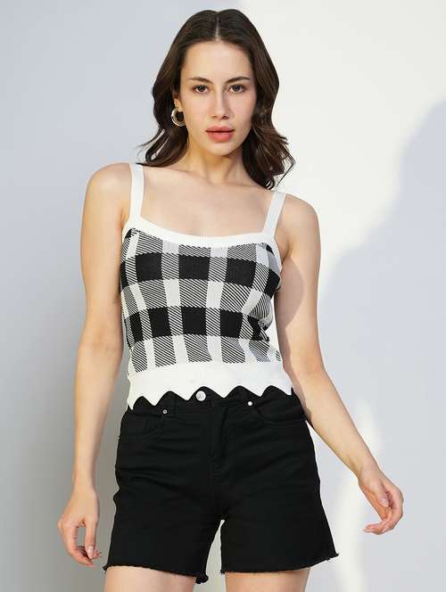 women checks shoulder strap neck top - 21643511 - Very Small Image - 1
