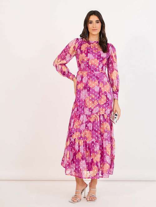 women printed puff sleeves tiered dress - 21643796 - Very Small Image - 1