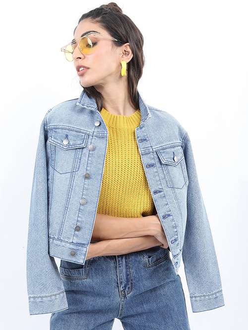 women long sleeves solid denim jacket - 21650995 - Very Small Image - 1