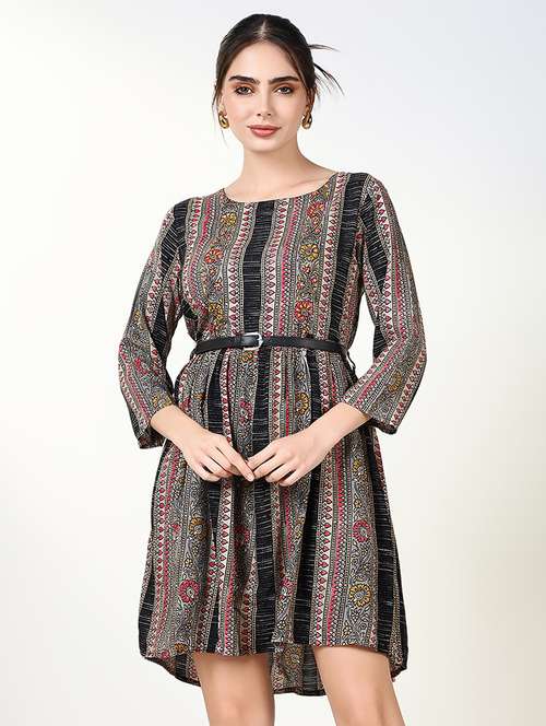 women multi color printed round neck a-line dress - 21661497 - Very Small Image - 1