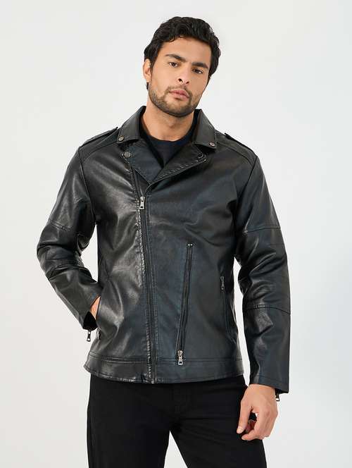 men black solid long sleeve biker jacket - 21662706 - Very Small Image - 1