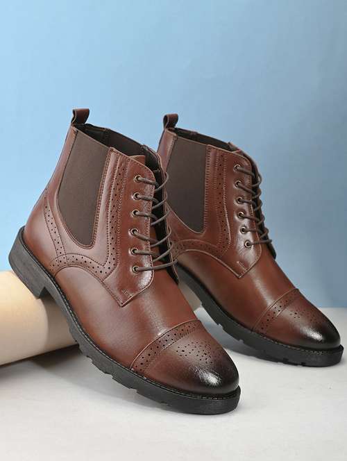 men brown solid lace up boots - 21662726 - Very Small Image - 1