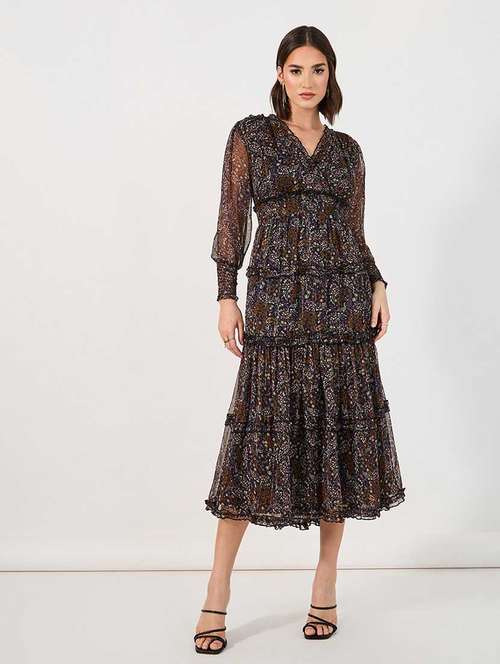 women printed puff sleeves tiered dress - 21666342 - Very Small Image - 1
