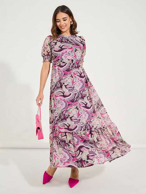 women printed puff sleeves tiered dress - 21666367 - Very Small Image - 1
