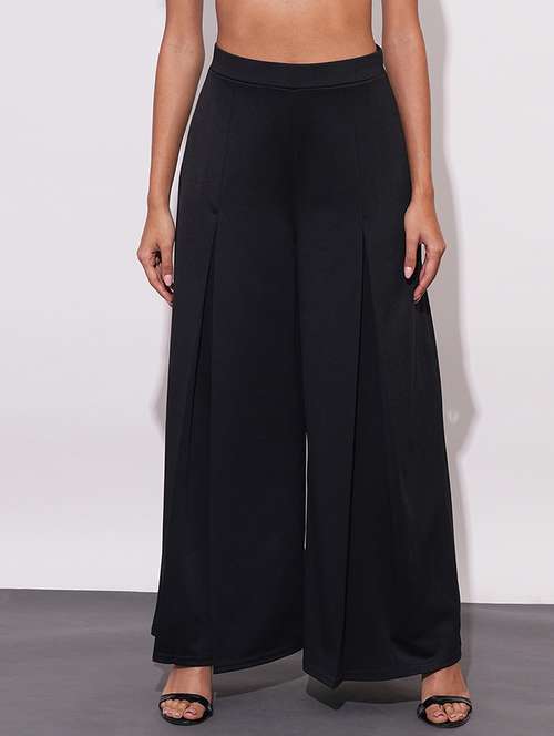 globus women black mid-rise relaxed fit casual flared wide leg casual treggings - 21671750 - Very Small Image - 1