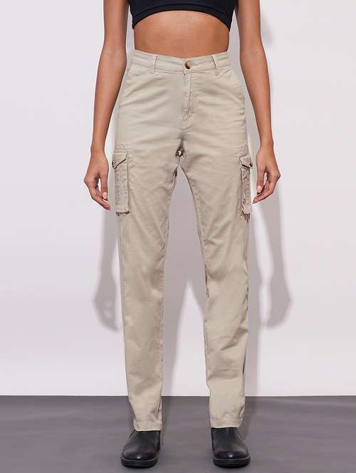 globus women beige cotton stretchable high-rise relaxed fit cargo trousers - 21671778 - Very Small Image - 1