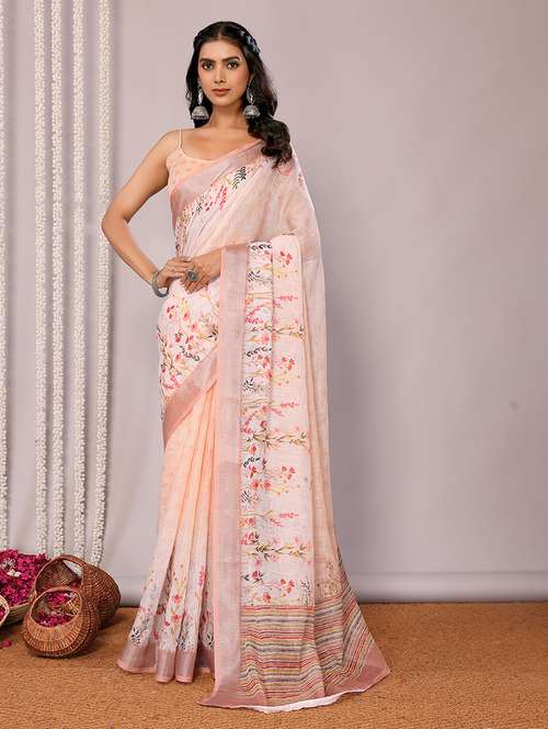 women peach printed saree with blouse - 21678862 - Very Small Image - 1