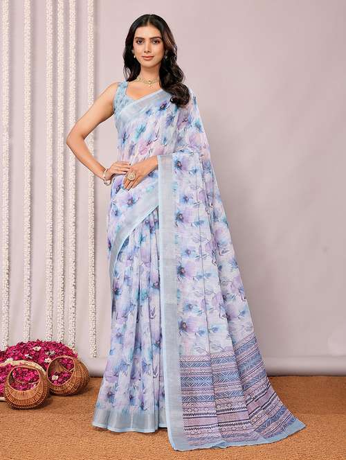 women light blue printed saree with blouse - 21678864 - Very Small Image - 1