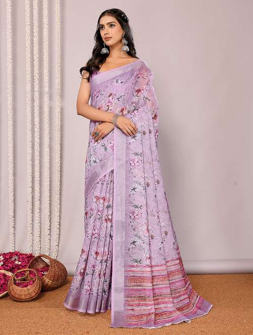 women lavender printed saree with blouse - 21678873 - Very Small Image - 1