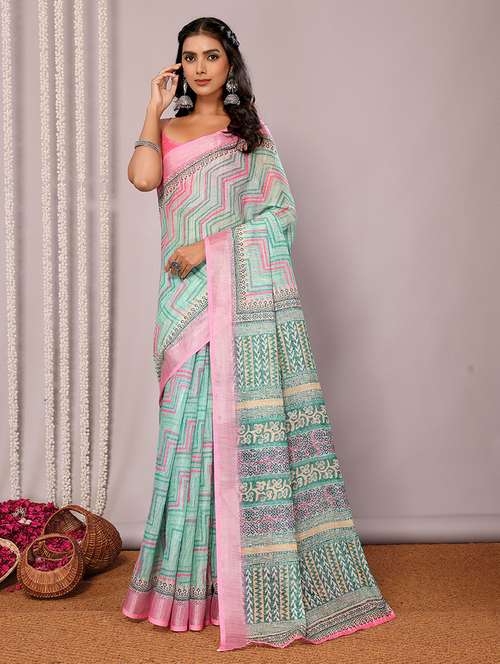 women sea green printed saree with blouse - 21678875 - Very Small Image - 1