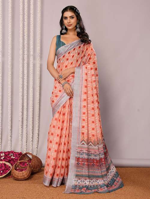 women orange printed saree with blouse - 21678883 - Very Small Image - 1