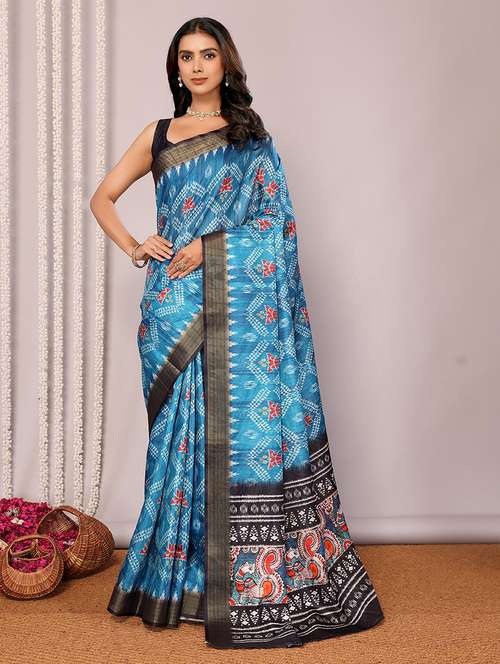 women ikat printed saree with blouse - 21678895 - Very Small Image - 1