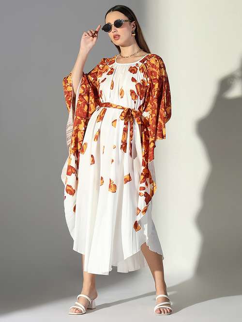 women white printed kaftan dress with belt - 21682073 - Very Small Image - 1