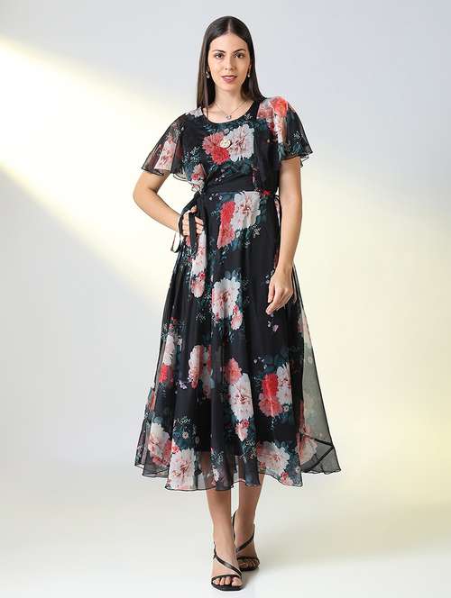 women black floral printed a-line dress - 21682119 - Very Small Image - 1