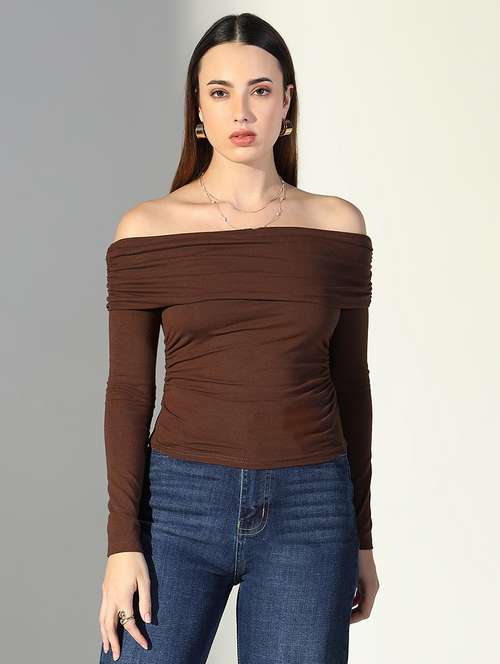 women solid off-shoulder neck regular top - 21682267 - Very Small Image - 1