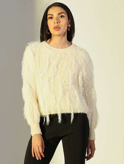 women solid fuzzy detailed long sleeve pullover - 21682278 - Very Small Image - 1