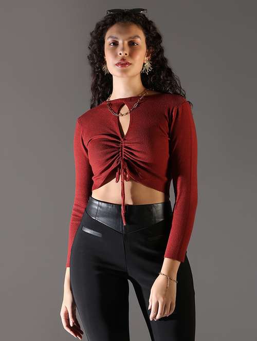 women solid long sleeve crop top - 21682298 - Very Small Image - 1