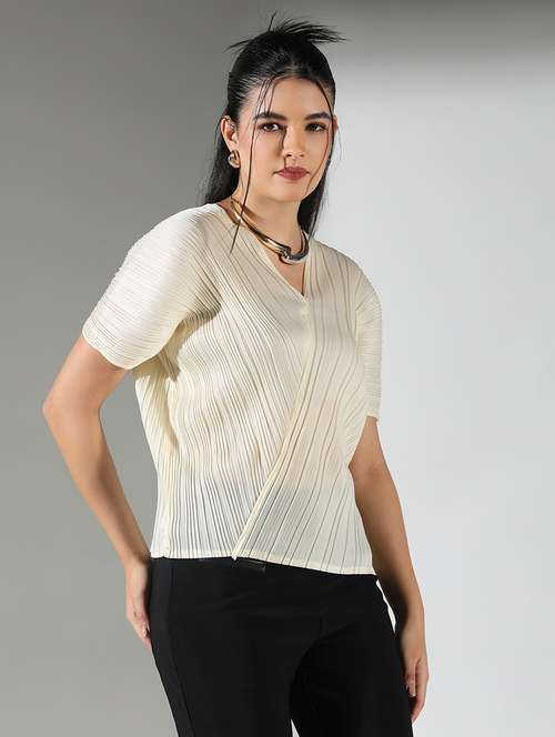 women cream solid short sleeve top - 21682318 - Very Small Image - 1