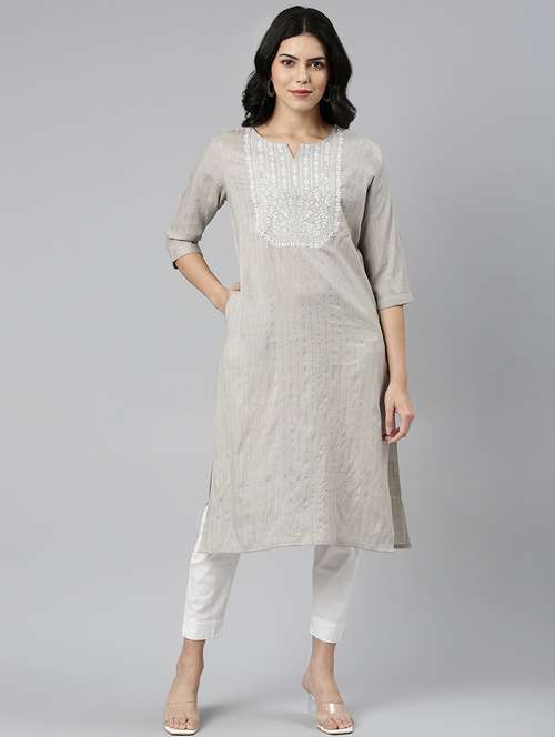 women notch neck embroidered straight kurta - 21682684 - Very Small Image - 1