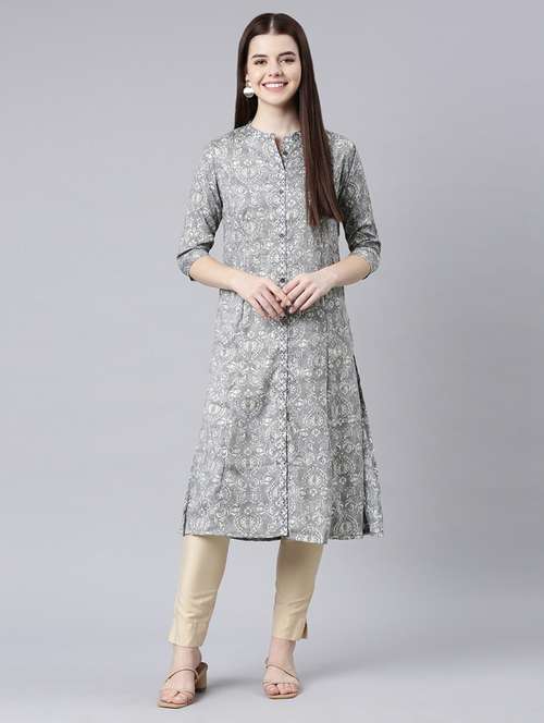 women mandarin neck printed side slit kurta - 21682719 - Very Small Image - 1