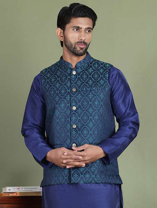 teal silk blend nehru jacket - 21687898 - Very Small Image - 1
