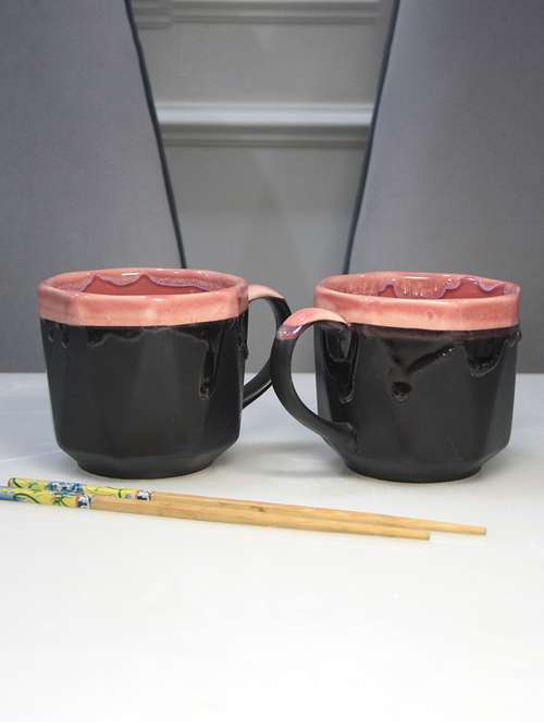 ekaura ceramic checkered classic maggie and noodle cup ceramic maggie, 500ml black & pink - noodles, pasta stylish mug set of 2 - 21688959 - Very Small Image - 1