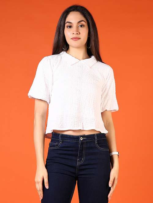 women white solid short sleeve crop top - 21690044 - Very Small Image - 1