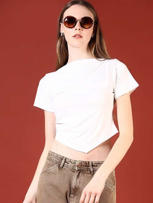 women solid boat neck crop top - 21690618 - Very Small Image - 1