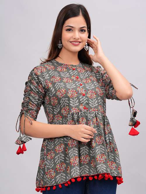 women printed mandarin neck peplum top with tassel detailed - 21692609 - Very Small Image - 1