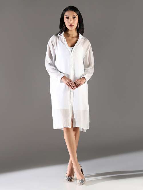 women white solid long sleeve shirt dress - 21696945 - Very Small Image - 1