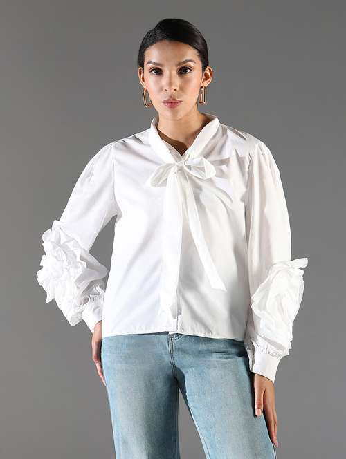 women white solid tie-up neck regular top - 21697012 - Very Small Image - 1