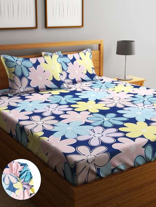 home sizzler 210tc pastel garden charm elastic fitted double bedsheet (72x78 inch) with 2 king size pillow covers - 21697037 - Very Small Image - 1