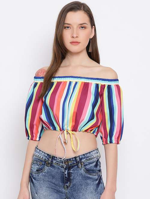 women striped off shoulder crop top - 21700096 - Very Small Image - 1