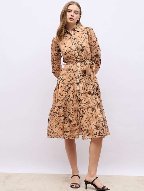 women beige abstract printed long sleeve tiered dress - 21703983 - Very Small Image - 1
