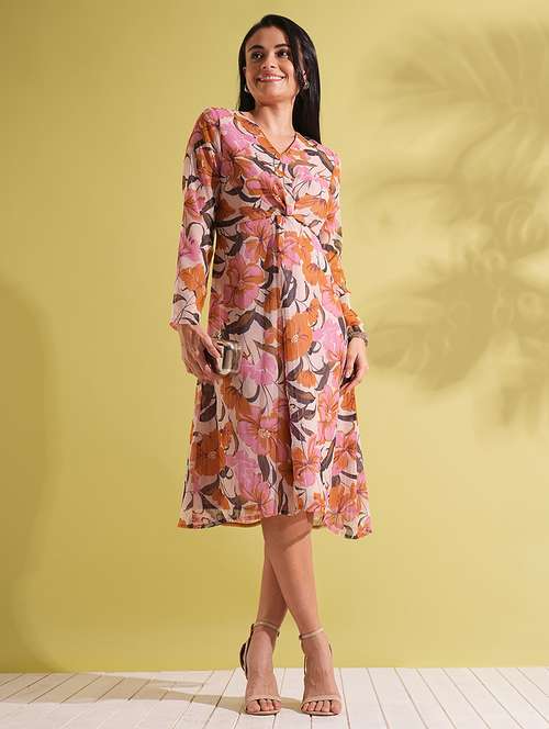 globus women multi-color floral print v-neck full sleeves twisted detail a-line midi dress - 21704453 - Very Small Image - 1