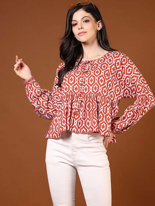women rust printed long sleeve flared top - 21707438 - Very Small Image - 1
