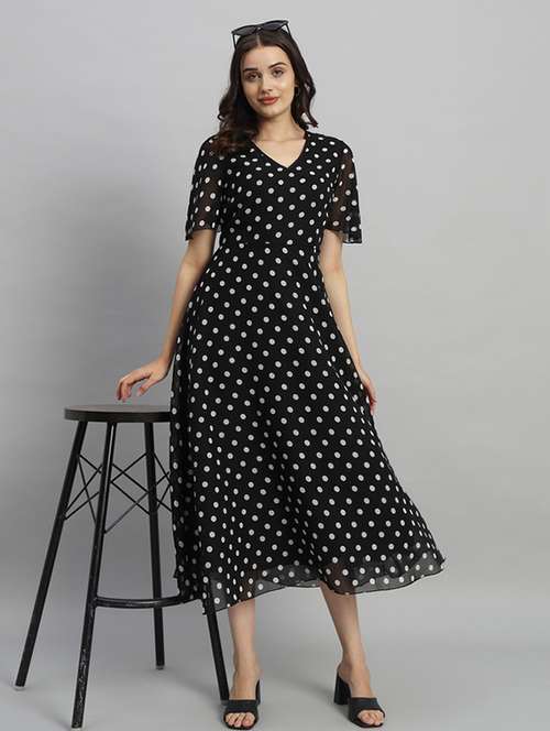 women polka doted puff sleeves a-line dress - 21709723 - Very Small Image - 1