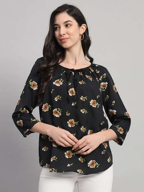 women floral print tie up neck regular top - 21709786 - Very Small Image - 1