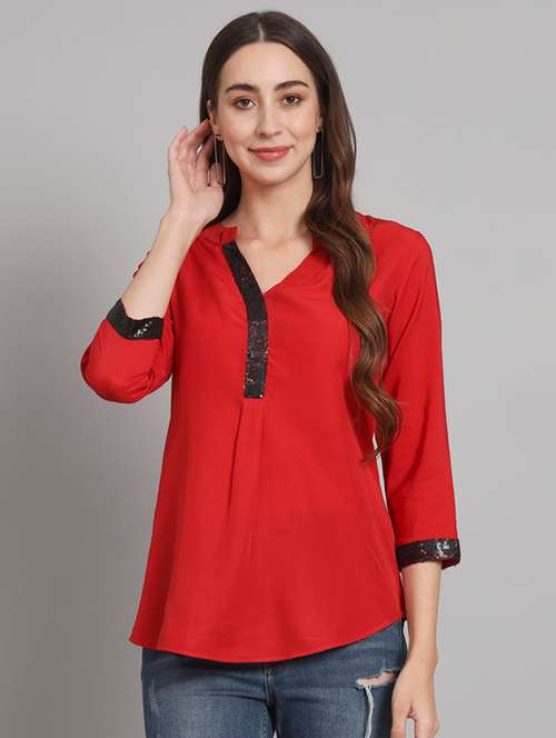 women solid mandarin neck regular top - 21709812 - Very Small Image - 1